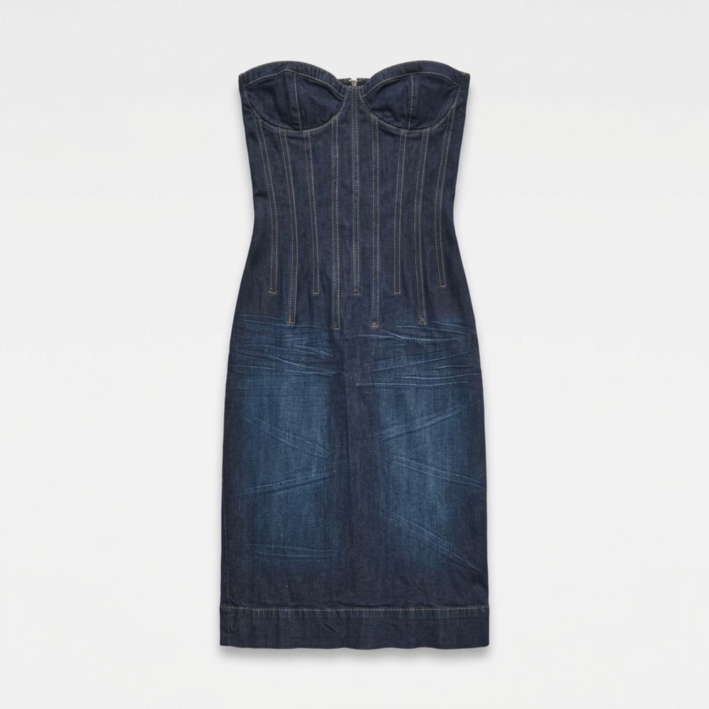 Baby Phat Denim Corset Dress Dark Wash Lace Up Back Y2K Midi Strapless Size 7